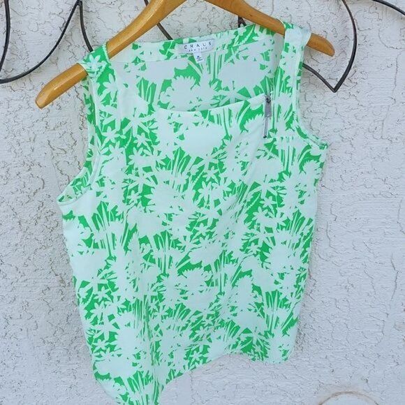 Chaus New York Sleeveless Green & White Floral Lined Sleeveless Sz. M Blouse - Picture 6 of 13